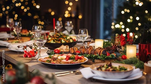 Christmas Dinner table full of dishes with food and snacks, New Year's decor with a Christmas tree on the background © DZMITRY