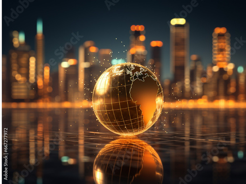3d illustration of financial chart on digital background Golden globe on a black background