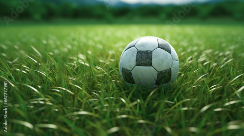 Soccer ball on green grass background. 3d render illustration.