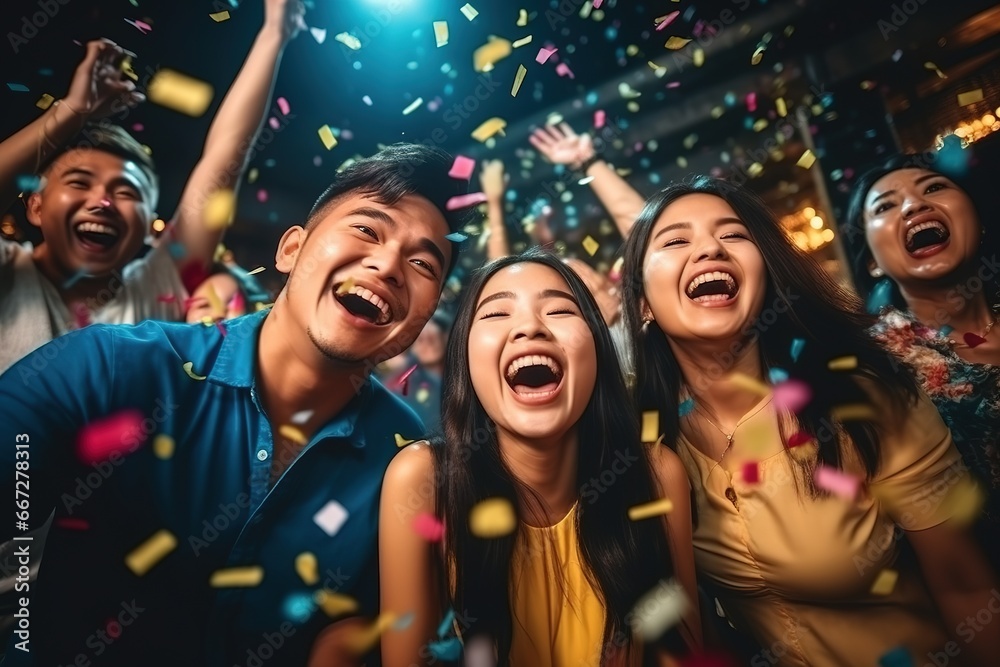 Group of Happy young Asian man and woman friends college student enjoy and fun celebration holiday event meeting party dancing and playing paper shoot together in living room at home on vacation night - obrazy, fototapety, plakaty 