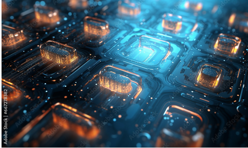 Circuit board with microchips and processor close-up. 3D rendering Circuit board with microchips and processor close-up. 3D rendering