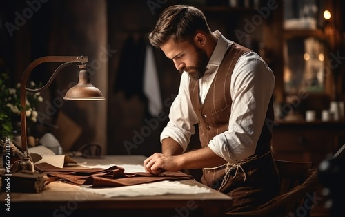 A cute tailor male with beard and glasses working near wooden table in an amazing atelier with antique furniture