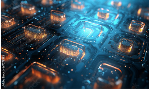 Circuit board with microchips and processor close-up. 3D rendering