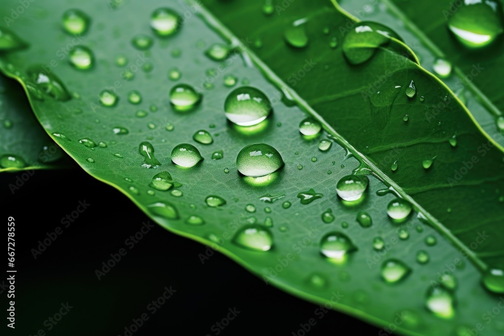 Droplets of rain on a green leaf, close-up.