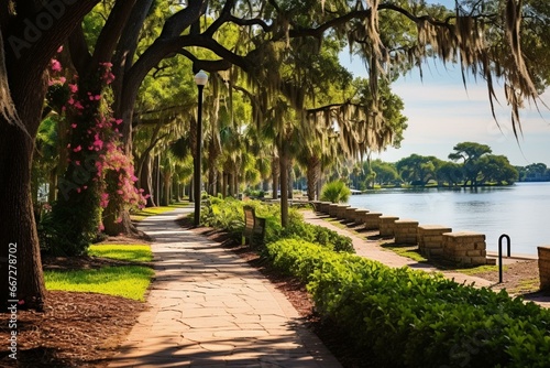 Scenic pathway across waters to a park in coastal Florida. Generative AI