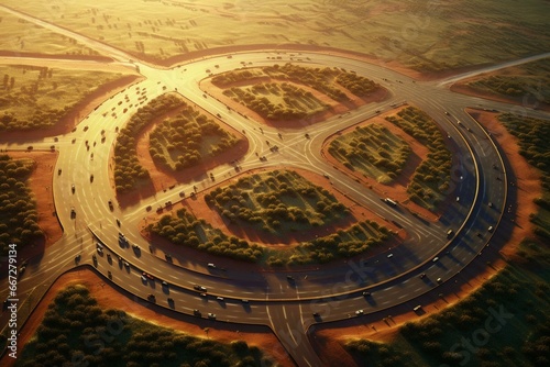 Bird s eye view of a circular intersection with cars circulating  situated in a rural area. Generative AI