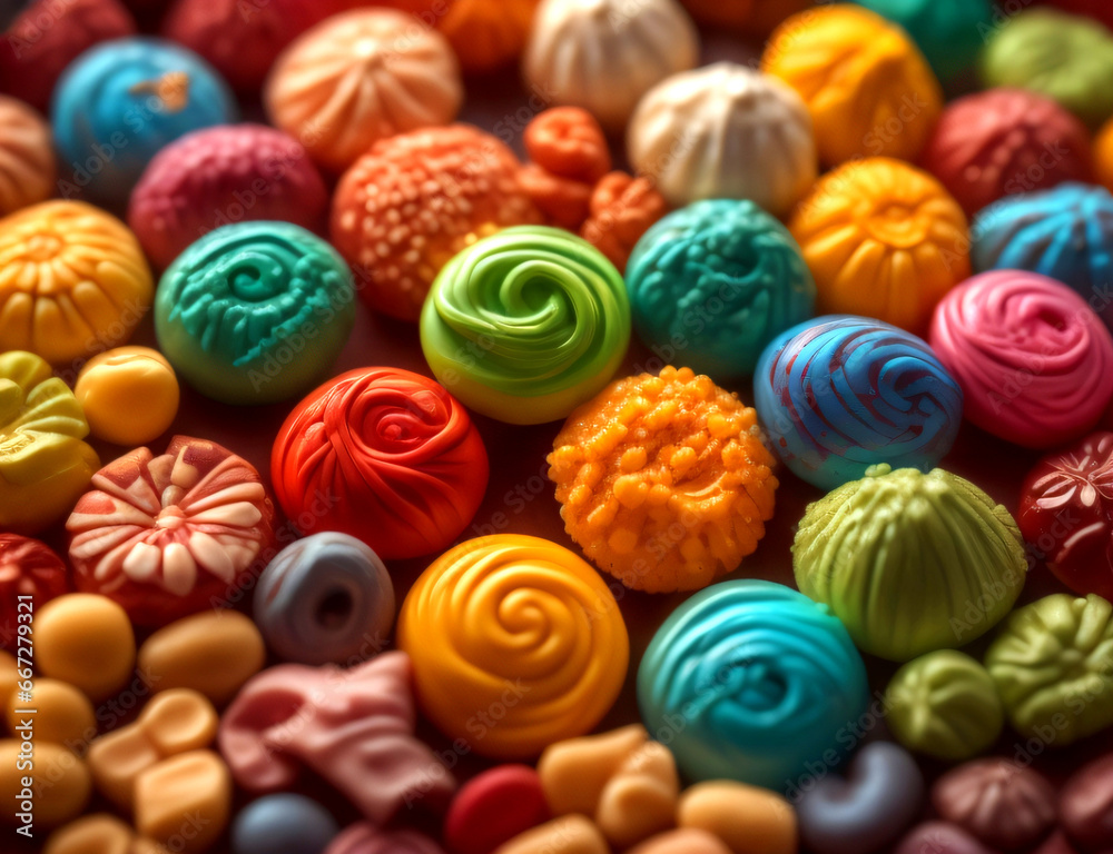 Fototapeta premium Close-up of Sweets multi colored candies on a dark color background.