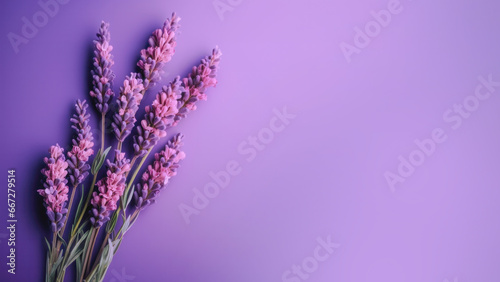 Close-up of lavender flowers on a solid lilac background matching the flowers' tone.