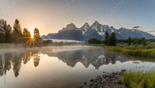 sunrise from schwabachers landing in the grand teton national park in wyoming