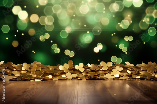 Abstract bokeh background with golden shamrock 