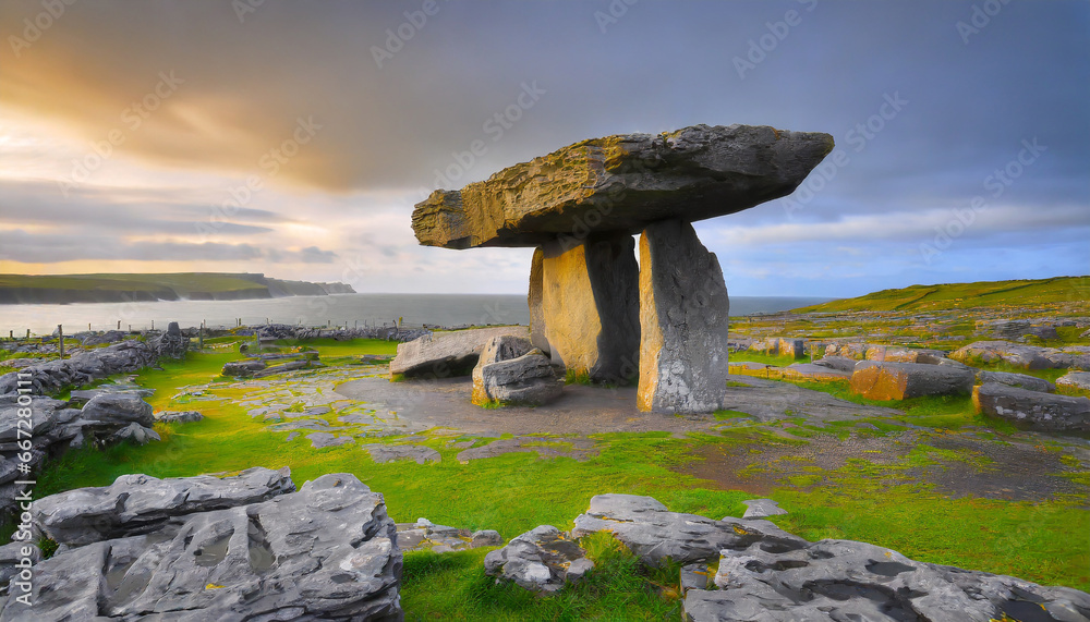 the iconic poulnabrone dolmen one of the most popular tourist attractions of the burren national park county clare ireland - obrazy, fototapety, plakaty 