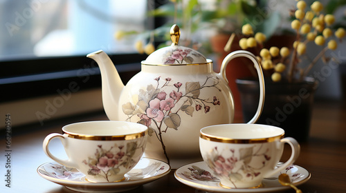 Decoupage teapot set: A charming teapot and teacup set decorated with delicate decoupage featuring botanical illustrations