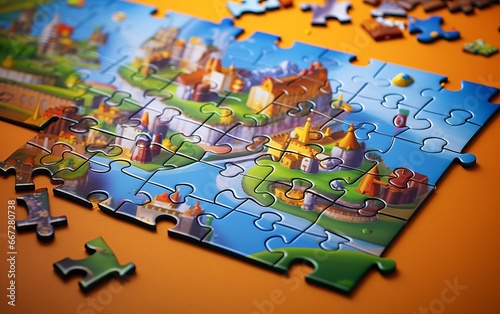 Puzzle pieces in the form of a city on a yellow background