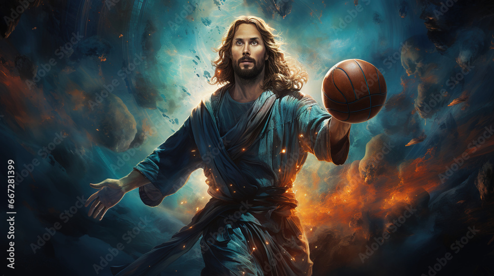 modern Jesus dribbling glowing basketball - obrazy, fototapety, plakaty 
