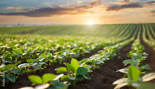 a field with beautiful rows of soybean sprouts soybean field at sunset in summer growing soybeans on a large scale photo