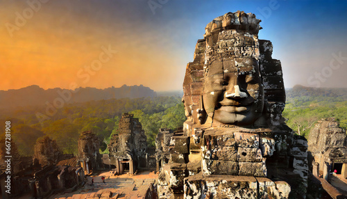 smiling face ancient of bayon in angkor thom cambodia photo