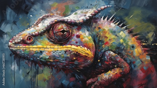 Colorful chameleon painting on canvas. Digital painting of chameleon. Wildlife Concept. Background with Copy Space.