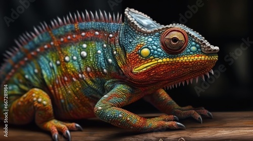 Colorful chameleon on a wooden table. Close up. Wildlife Concept. Background with Copy Space. © John Martin