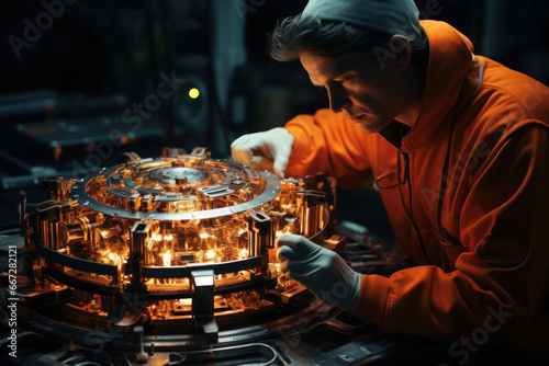 A worker assembling components for a small modular reactor, demonstrating the versatility of atomic energy technologies. Concept of modular reactors. Generative Ai.