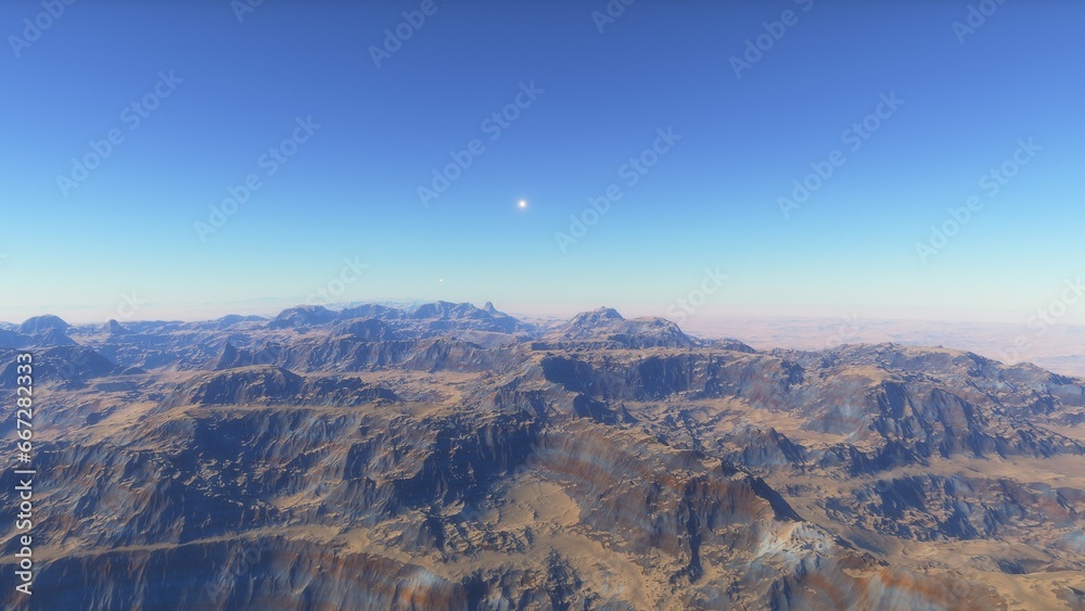 Mars like red planet, with arid landscape, rocky hills and mountains, for space exploration and science fiction backgrounds.
