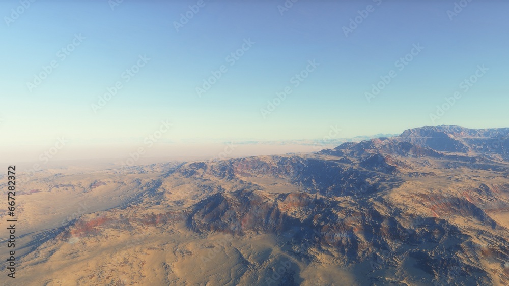 Mars like red planet, with arid landscape, rocky hills and mountains, for space exploration and science fiction backgrounds.
