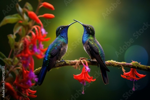 Blue hummingbird and red flower in Yanacocha, Ecuador. Two birds sipping nectar in jungle forest. Generative AI © Mia