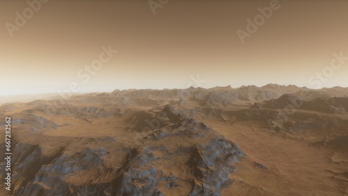 Mars like red planet  with arid landscape  rocky hills and mountains  for space exploration and science fiction backgrounds. 