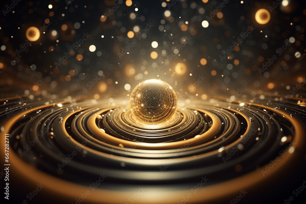 Fototapeta premium 3d render of golden balls in water with ripples and waves