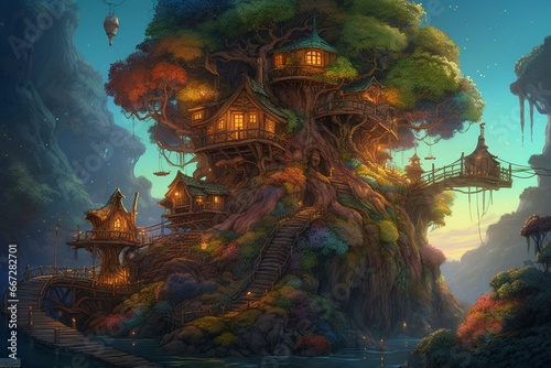 A dreamlike tree-house adorned with exquisite and vibrant fantasy illustrations in high resolution. Generative AI