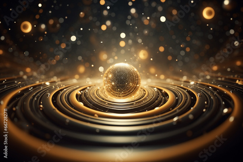 3d render of golden balls in water with ripples and waves