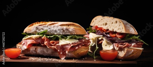A tomato lamprey sandwich and a provola cheese and finocchiona salami sandwich photo