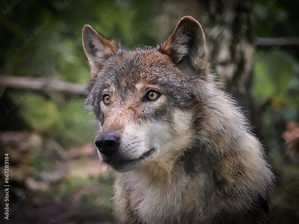 Eine Wolf Fotoaufnahme mit strengen Blick