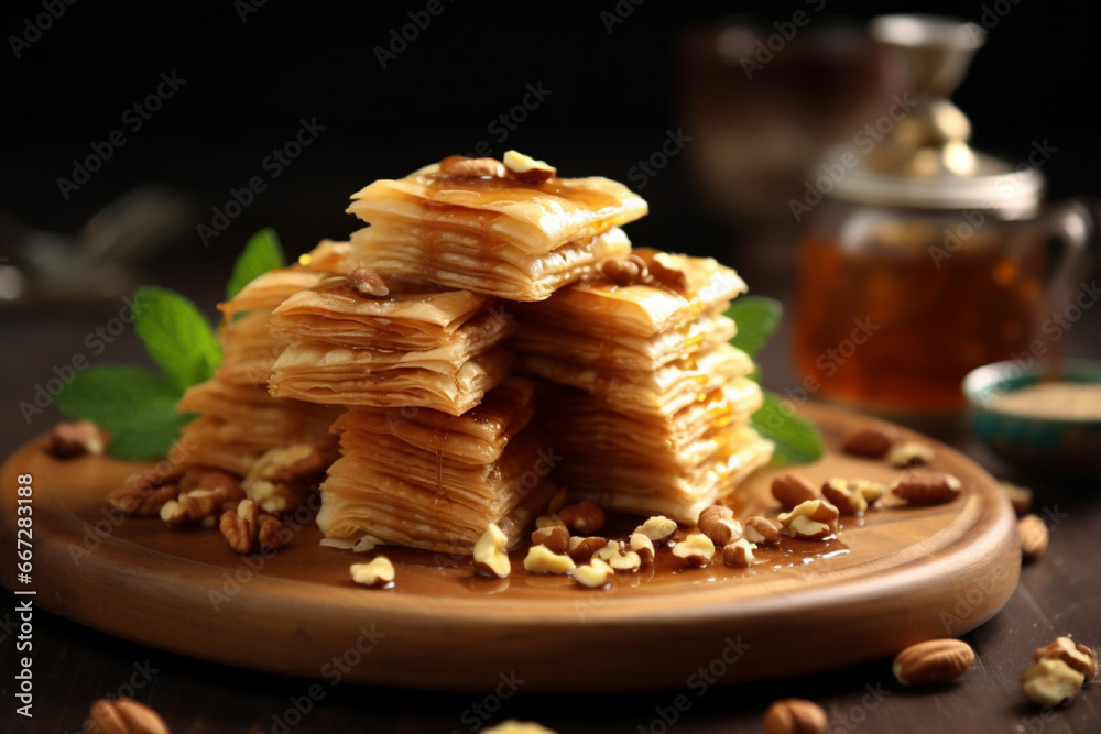 Piece of cake on a plate Turkish traditional baklava Piece of cake on a plate Turkish traditional baklava