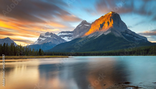 scenic sunset over vermilion lake and mount rundle in banff national park alberta canada long exposure