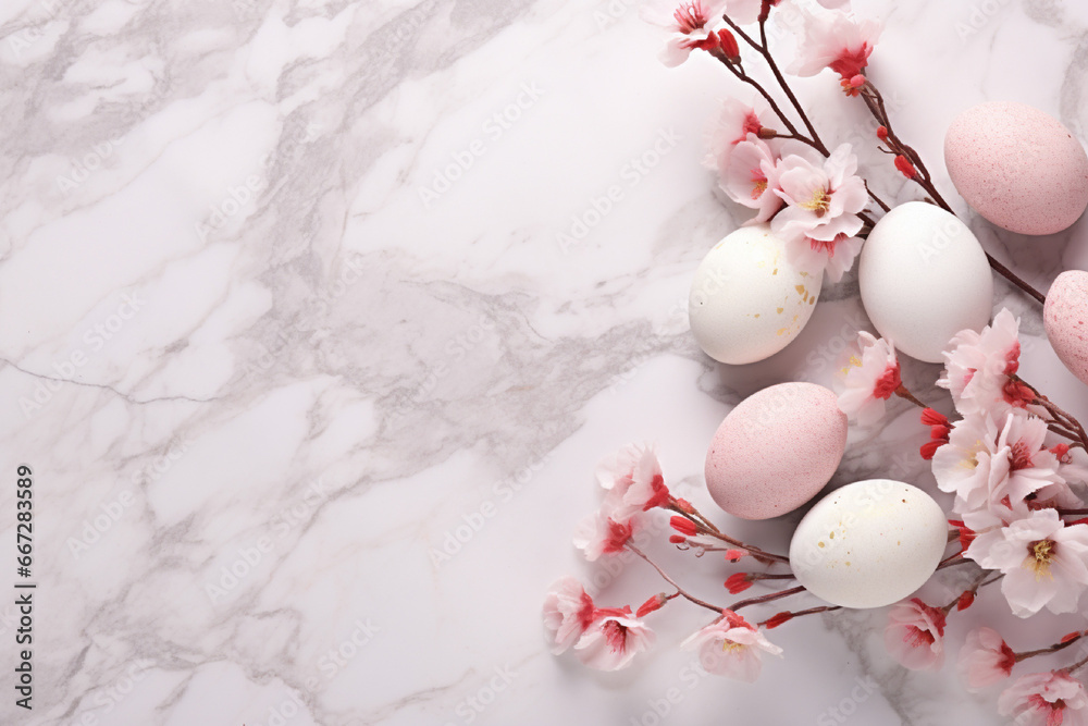 Easter eggs in a white marble background