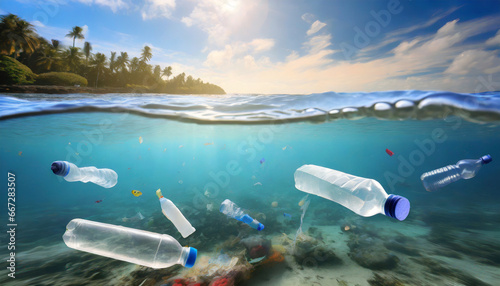 plastic bottles and rubbish pollution in ocean photo
