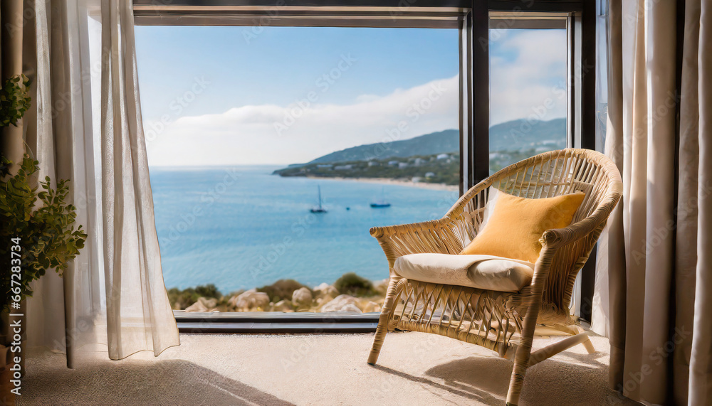straw armchair near window with view on sea bay