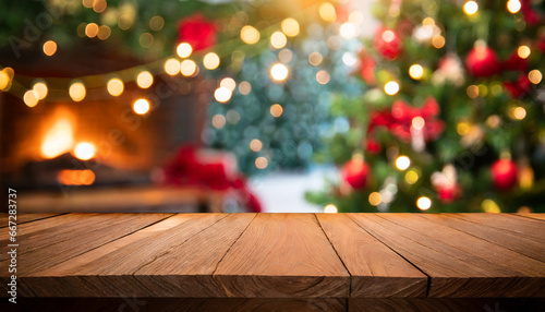 empty wooden table with christmas theme in background photo