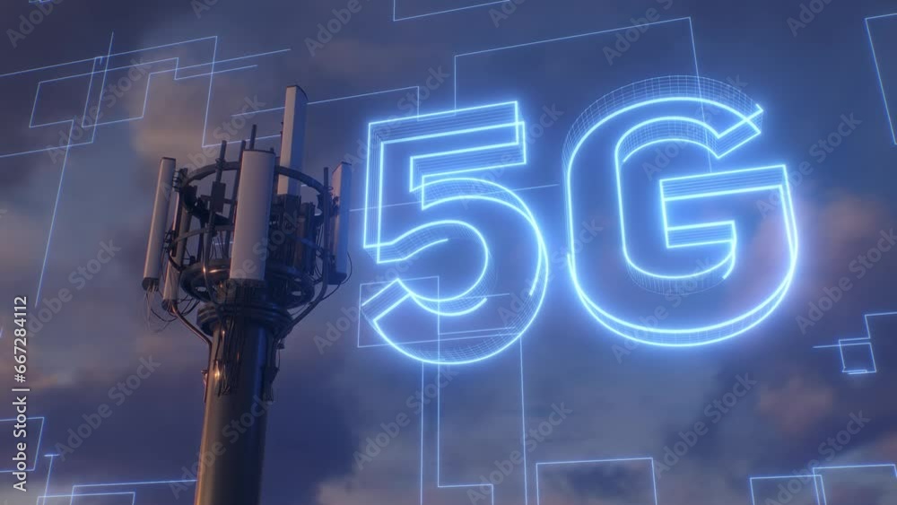 Animation showcasing a 5G tower with visualized network lines, emphasizing the revolution in speed and connectivity in modern telecommunication
