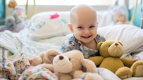 healthcare child and cancer patient portrait holding teddy bear