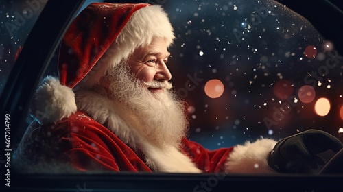 Portrait of Santa Claus driving a car. Christmas and New Year concept.