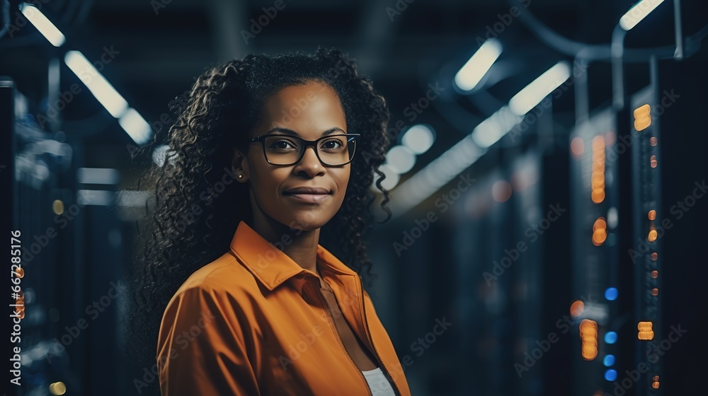 Portrait of Black woman engineer tech in computer server room - obrazy, fototapety, plakaty 