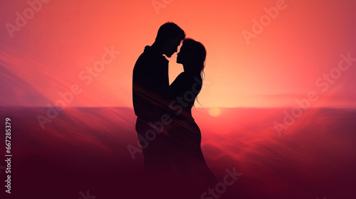 Loving couple silhouette kissing amidst romantic pink red haze evoking sense of profound affection and magic of love, symbolizes timeless love story of two hearts together, dreamy honeymoon photo