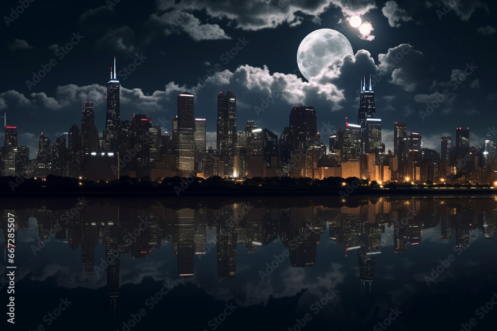 Night cityscape with big moon and reflection in water. Vector illustration.