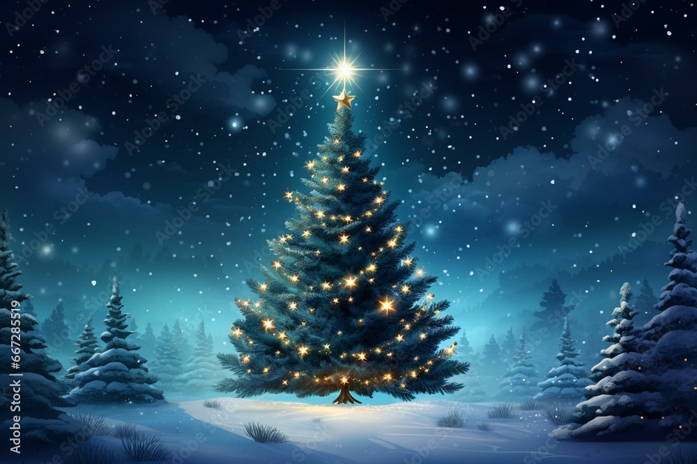 Nighttime Christmas tree illustration with wallpaper background. Generative AI