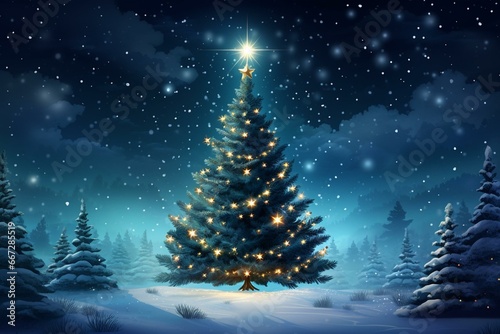 Nighttime Christmas tree illustration with wallpaper background. Generative AI © Miriam