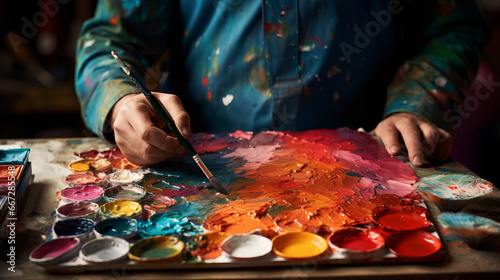 Painter hand dips paintbrush in vibrant paint to drawing on canvas  around colorful containers of paint  scene imparts sense of artistic process and blend of colors and ideas  colorful palette