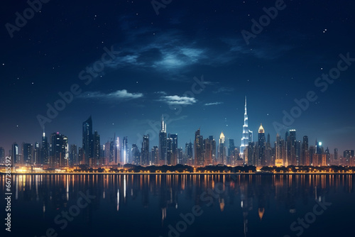 Night cityscape with big moon and reflection in water. Vector illustration.