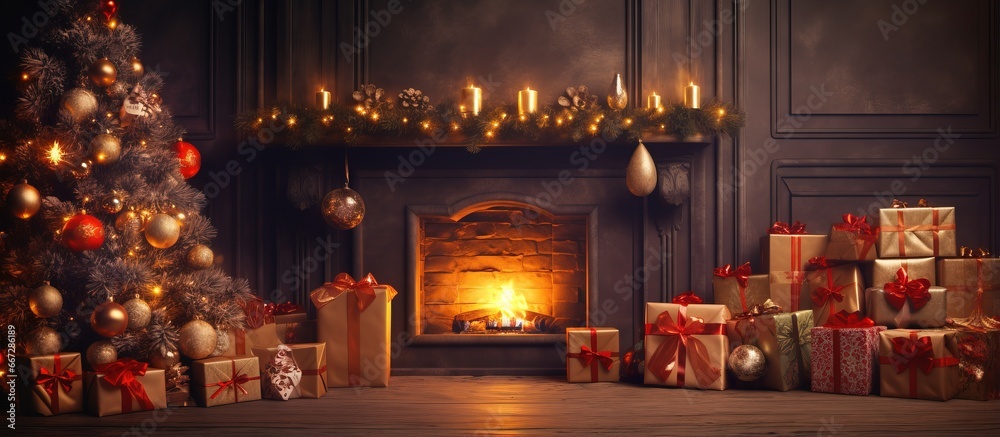 Christmas themed room adorned with presents and a crackling fireplace perfect for a festive setting