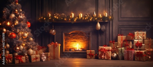 Christmas themed room adorned with presents and a crackling fireplace perfect for a festive setting